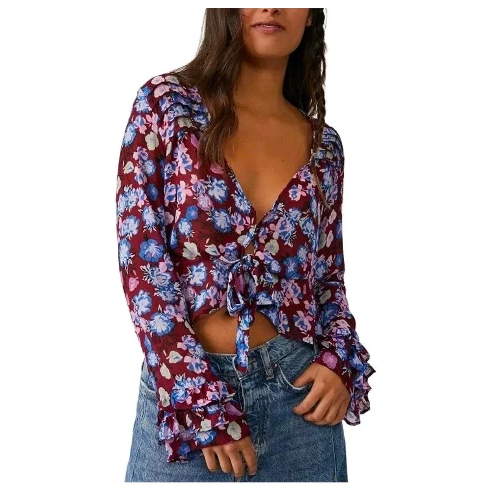 Free People Maybel Floral Print Tie Front Peplum Blouse Long Sleeve Ruffle Cuffs